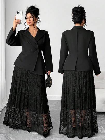 Elenzga Plus Size Women's Elegant Notched Collar Long Sleeve Cinched Waist Asymmetric Hem Blazer And Lace Maxi Skirt Casual Suit Set, Winter