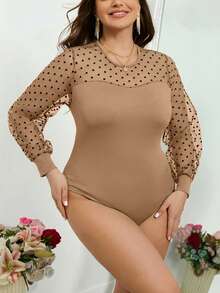 SHEIN Privé Áo liền thân cỡ lớn họa tiết chấm bi nhung 0.6cm phối màu tương phản - Màu Khaki - Xem 4