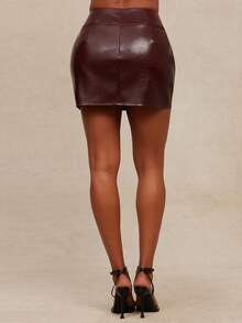 NYA SZN 短裙 - 金属环镂空酒红色皮革迷你裙 夜间外出 特殊场合 假日 秋冬装 女士 - 紫色 - 查看 7