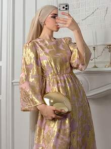 DAZY Women's Elegant Floral Print Round Neck Puff Sleeve Long Dress, Spring/Summer - Pink - View 8