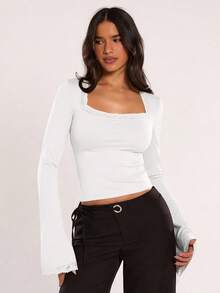 SHEIN BAE Damen Einfarbiges Schwan Kragen Kontrast Spitze Langarm Figurbetontes Mode T-Shirt - Weiss - Übersicht 5