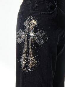 ROMWE MEN Men's Casual Washed Cross Rhinestone Embellished Jeans - Black - View 2