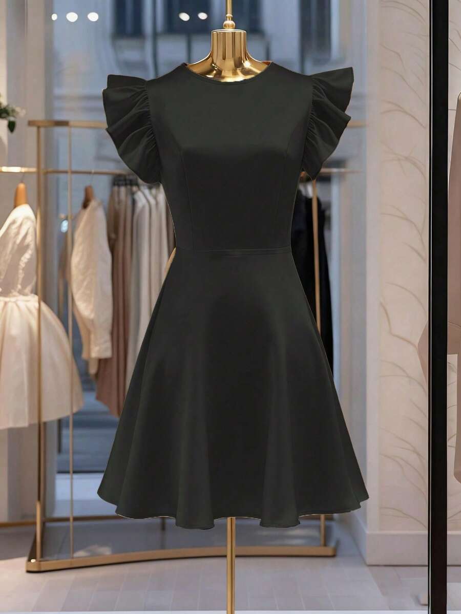 Franclia Elegant And Simple Round Neck Black Slim-Fitting Flying Sleeve Dress With Cinched Waist And Invisible Zipper At The Back, Women's Wedding Mid-Length Guest Dress - Black - View 1