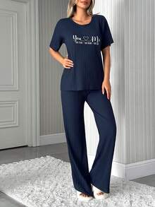 EURMUSE 100%Cotton Women's Printed Letter Ribbed Knit Short Sleeved&Long Pants Homewear Lounge Wear Set - Navy Blue - View 7