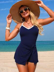 Swim Lushoire 夏季蓝白拼接V领扭结前襟连体泳衣，女士百搭沙滩度假装 - 藍白色 - 查看 4