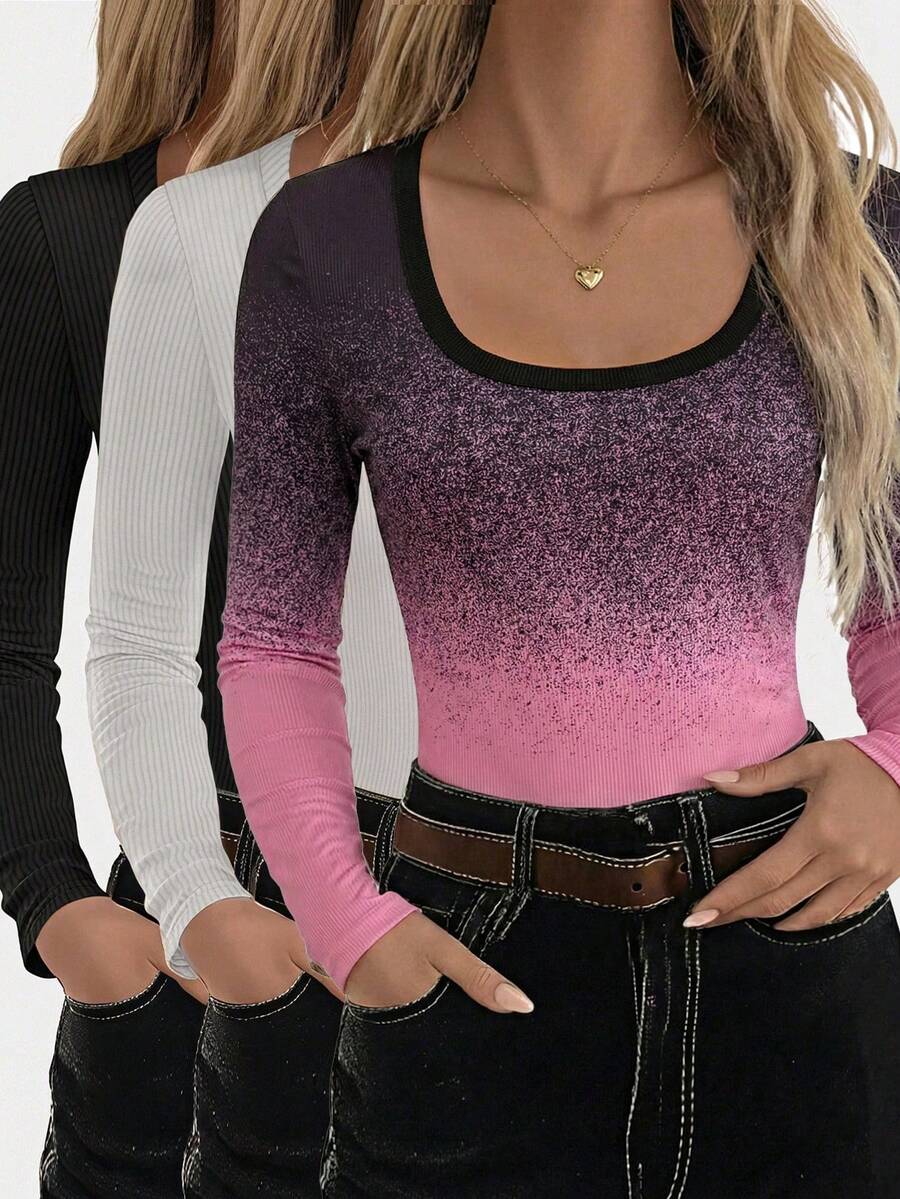 SHEIN LUNE Women's Ombre Scoop Neck Long Sleeve Fitted Fashion T-Shirt - Multicolor - View 1