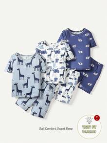 Bộ đồ ngủ 6 món ôm sát cho bé trai gồm áo ngắn tay và quần đùi, họa tiết động vật trừu tượng với nhiều tư thế và màu sắc khác nhau, chất liệu vải mềm mại, thoải mái, thích hợp cho bé mặc khi trở lại trường - Nhiều màu - Xem 1