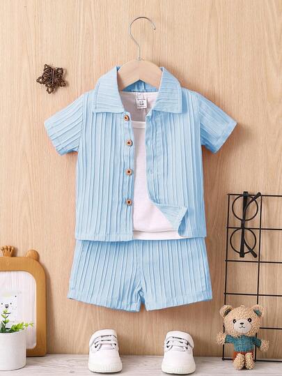 SHEIN Baby Boys' Solid ColorSoft Striped Textured Fabric, Comfortable And Fashionable, Not Monotonous. Short Sleeve Top And Shorts Set Baby Boy Blue Set Summer Two Piece Set For 1 Year Old Boy Baby Casual Sets 1 To 2 Years Old Boy Blue Clothes Spring To Summer 1 To 2 Years Old Boy Clothes Toddler Boy Blue Clothes Summer Two Piece Set For Baby Toddler Linen Set Boy