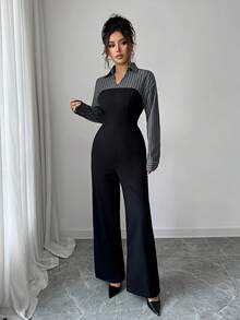 Rafferiza Women's Elegant Patchwork Long Sleeve Jumpsuit, Suitable For Commuting - Black - View 3