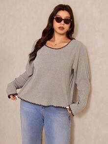 CosyJoli 大码女式休闲撞色滚边T恤，秋季罗纹针织优雅上衣，女士长袖T恤，休闲女装 - 杏色 - 查看 6