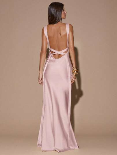 SHEIN BAE Sexy Minimalist Solid Color Yellow/Cream Deep V-Neck Sleeveless Backless Tie Dress, Suitable For Party, Cocktail, Formal Occasions, Bridesmaid, Birthday, Christmas, Business Casual