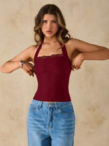 SHEIN BAE Áo hai dây ôm sát màu đen trơn phối ren tương phản dành cho nữ, thích hợp cho mùa xuân/hè. - Màu Đỏ Sâu - Xem 6