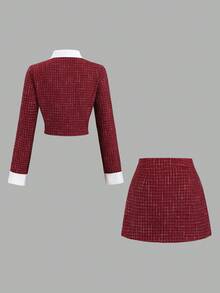Sweetra Bộ đồ 2 món màu đỏ cổ điển, thiết kế thanh lịch, dáng ôm xòe, tôn dáng và thời trang cho mùa thu/đông. - Màu Đỏ Sâu - Xem 2