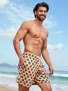 Manfinity Swimmode Men's Geometric Print Drawstring Waist Casual Versatile Beach Shorts Men Swim Trunks Couple Matching Swimwear For Couples - Multicolor - View 6