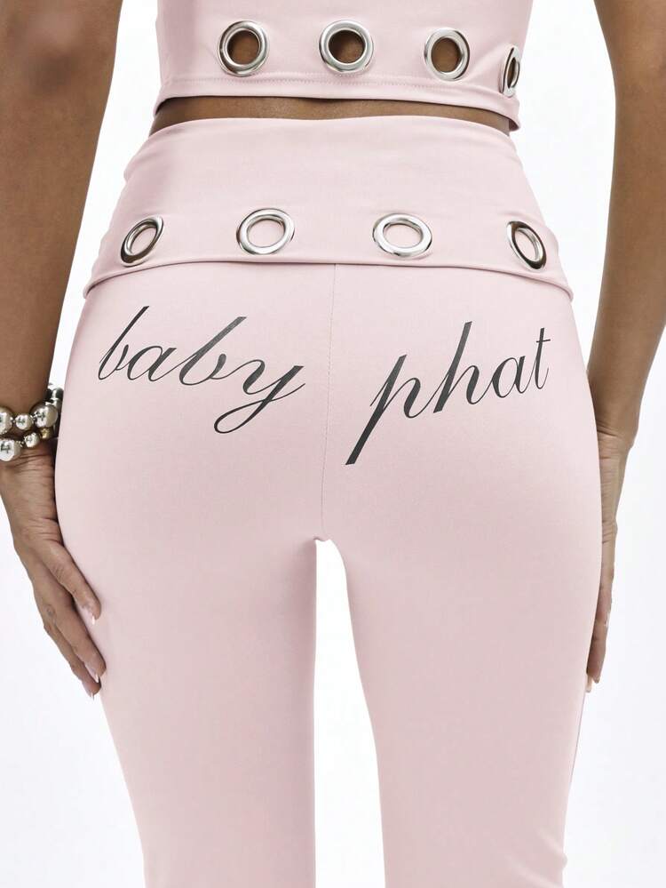 BABYPHAT Fold Over Flare Leggings With Metallic Eyelet Detail High Waist Bell Bottom Pants Fashion Statement Piece High Waist Pants Biker Short Rhinestone Pants