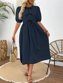 SHEIN LUNE 夏季优雅正式修身收腰中长连衣裙，饰有蝴蝶结 - 寶藍色 - 查看 5