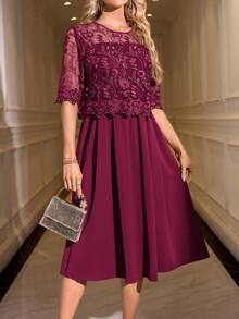 SHEIN Clasi Vestido de manga corta con cuello redondo de unicolor y encaje elegante - Burdeos - Ver 3