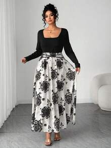 SHEIN Elenzya Plus Size 3D Floral Fabric Crew Neck Long Sleeve Dress - Black - View 5