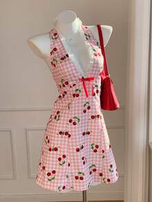 Comfortcana Đầm ngắn hở lưng cổ yếm họa tiết quả anh đào kẻ caro mùa hè dành cho nữ - Hồng - Xem 1