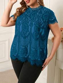 SHEIN Clasi 大码优雅蕾丝拼接雪纺衬衫 - 水鴨藍 - 查看 4