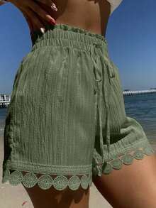 Swim Vcay 夏季三件套女式沙滩度假套装：蕾丝边系带罩衫、泳衣上装、短裤 - 軍綠色 - 查看 4