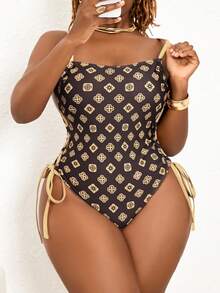 Slaydiva 大码女士复古风棕色印花连体泳衣，采用细肩带和侧系带设计，性感沙滩度假装扮 - 巧克力棕 - 查看 3