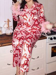 SweetSlumber Bộ đồ ngủ dài tay in họa tiết nơ tương phản ngày lễ tình nhân bằng vải satin ve áo rộng thoải mái cỡ lớn tay dài - Hồng - Xem 1
