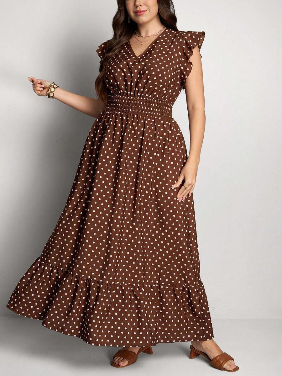 Comfylo Vestido vintage de lunares de talla grande marrón, vestido de San Valentín, cumpleaños, atuendos de San Valentín para mujeres, fiesta, cumpleaños, salida, vestidos elegantes para mujeres, vacaciones, marrón, casual, elegante