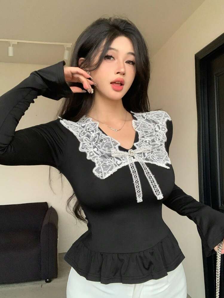 Autumn/Spring Rhinestone Buckle Decor Organza Lace Trim Tie-Up Contrast Color Block Elegant New Year Christmas Wedding Party Fashion Slim Fit Black Top For Women