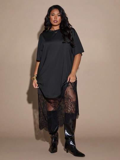 SHEIN BAE Plus Size Women's Black Short Sleeve Lace Patchwork Loose Dress, Spring/Summer,Plus Size Solid Color Loose Casual Short Sleeve T-Shirt & Lace Dress, Fashionable For Outings And Commuting Black See Through Dress,Vacation Dress,Elegant Dress,Sexy Dress,Dresses For Ladies,Formal Dress Plus Size,Curves Women Clothing,Wedding Guest Dress ,Summer,Elegant Dresses For Party,Graduation ,Vacation,Birthday Party Dress,Valentine's Day,Valentine Outfits For Women