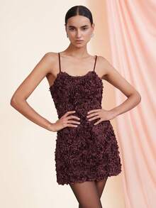 BELROSIE Embroidered Mesh Petal Rose Bodycon Mini Party Dress - Burgundy - View 1