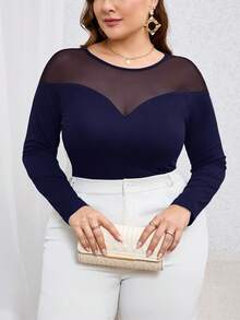 SHEIN Privé Plus Size Women's Solid Color Round Neck Long Sleeve Mesh Patchwork T-Shirt Long Sleeve Mesh Top Curve Plus Tops Plus Size Long Sleeve Top Tops For Women Plus Plus Size Sheer Top - Navy Blue - View 3