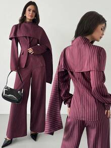Firerie Women's Elegant & Sophisticated Commuting Office Urban Chic Street Fashion New Year Valentine's Day Spring Shawl Collar Striped Blazer Jacket And High Waist Wide Leg Pants Two Pieces Suit, Burgundy - Burgundy - View 12