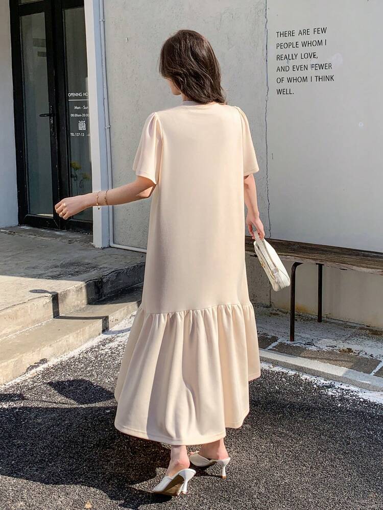 Women's Casual Solid Color Round Neck Puff Sleeve Ruffle Hem Mid-Length Dress, Summer Wedding Guest Dress Maxi Dress Sundress