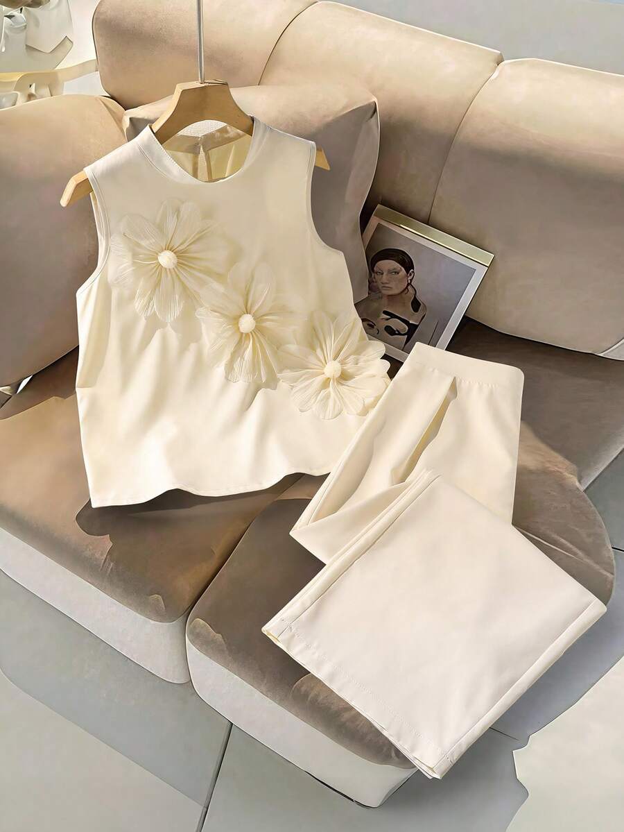 SHEIN 2件套少女休闲优雅3D花卉装饰背心衬衫和裤子套装