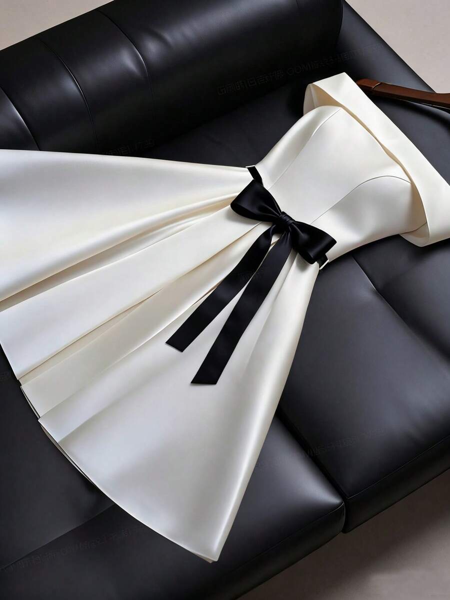 Franclia 优雅的白色无肩带束腰连衣裙，夏季修身短款连衣裙，黑色腰带，缎面面料，适合约会和派对穿着 - 白色 - 查看 1