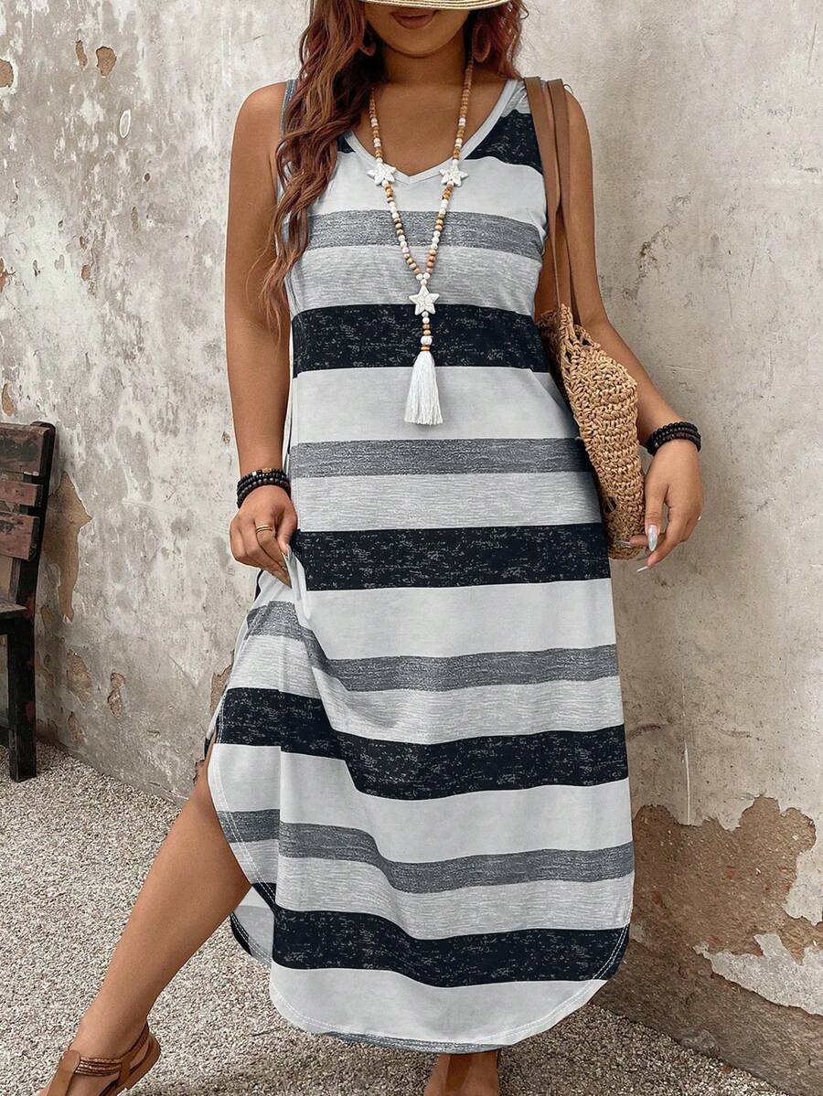 Breezaya Striped Casual Plus Size Dress With Personalized Maxi Women Outfit - Multicolor - View 1