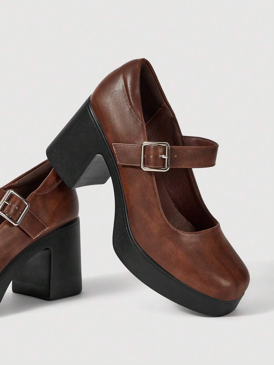 SheIn MOD Giày cao gót đế dày thời trang có khóa cài dành cho nữ - màu nâu - Xem 1