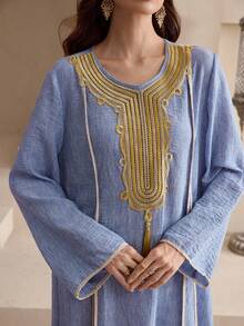 Al Najma Women's Elegant Embroidered Decorated Arabic Style Dress - Blue - View 2