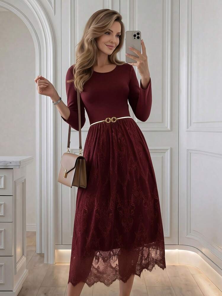 This Elegant Women's Dress Features A Rich Burgundy Color, Perfectly Matching The Festive Atmosphere Of The New Year And The Romantic Style Of Valentine's Day. The Floral Pattern Is A Subtle Lace Design In The Same Burgundy, Exuding A Sophisticated And Luxurious Feel. The Round Neck And Long Sleeves, Along With The Gold-Buttoned Waist, Flatter The Figure And Accentuate The Elegant Curves, While The Lace Skirt Adds A Touch Of Gentle Grace. Suitable For Autumn And Winter, It Can Be Layered With A Coat For Both Warmth And Style. Perfect For Occasions Such As New Year's Family Gatherings And Valentine's Day Dates, This Dress Combines The Vibrancy Of Burgundy With The Sophistication Of Lace To Showcase Fashionable Taste. It Is An Excellent Choice For Both New Year's And Valentine's Day Wardrobes, Offering A Perfect Blend Of Formality And Femininity.