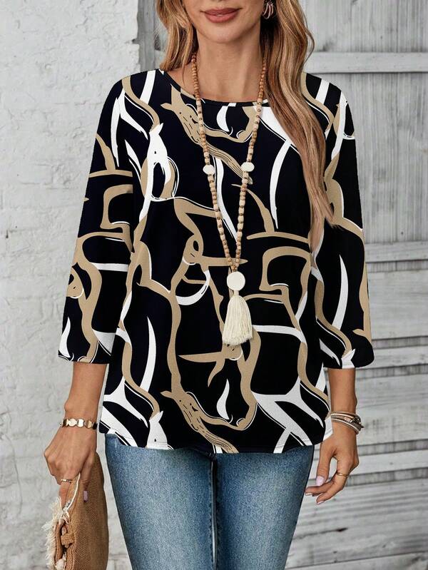 EMERY ROSE Women's Casual Geometric Abstract Print 3/4 Sleeve Shirt, Suitable For Spring/Summer Carnival Blouses Women Business Woman Top Lantern Blouse