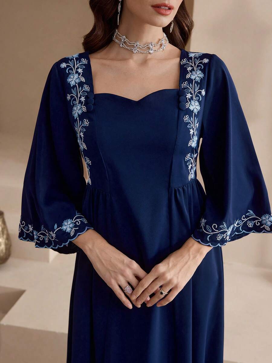 Yasmyna Đầm kiểu Ả Rập thêu hoa thanh lịch dành cho nữ - Màu xanh hải quân - Xem 1