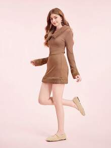 CUCCOO DOLLMOD Rhinestone Decor Plush Casual Comfortable Versatile Flat Shoes, Suitable For Daily Commute - Khaki - View 6