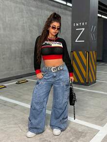 Jeanoix Plus Size Women Street Style Loose Multi-Pocket Denim Jeans Baggy Jeans Y2k Oversized Jeans Loose Jeans Cargo Jeans Wide Leg Jeans - Blue - View 9