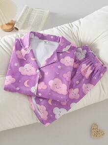 2pcs Girls Casual Smile Cloud Print Cardigan Short Sleeve Shorts Pajama Set - Multicolor - View 3