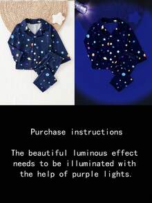 Set de pijama de 2 piezas con polo de manga larga y pantalones con estampado de estrellas, lunas, planetas y universo que brillan en la oscuridad para bebés y niños pequeños