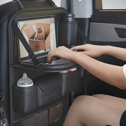 1/2 Túi đựng đồ sau ghế ô tô dung tích lớn, có khay đựng máy tính bảng có thể gập lại, giá để cốc/khăn giấy, túi đựng đồ sau ghế ô tô nhiều ngăn