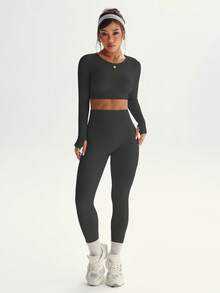 Dewbera Conjunto deportivo de mujer con costillas sin costuras y elástico - Gris Oscuro - Ver 5