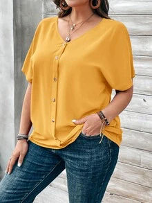 EMERY ROSE Áo sơ mi ngắn tay màu cam đính cúc dành cho nữ cỡ lớn, thích hợp cho mùa xuân. - Màu vàng - Xem 4