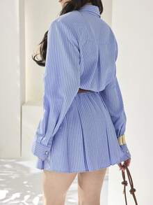 Heiryn 女士长袖条纹休闲宽松褶皱短裙 - 藍色 - 查看 3